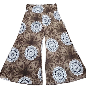 MOA USA Brown Palooza Mandala Print Stretch Pants Fold Over Waist Boho